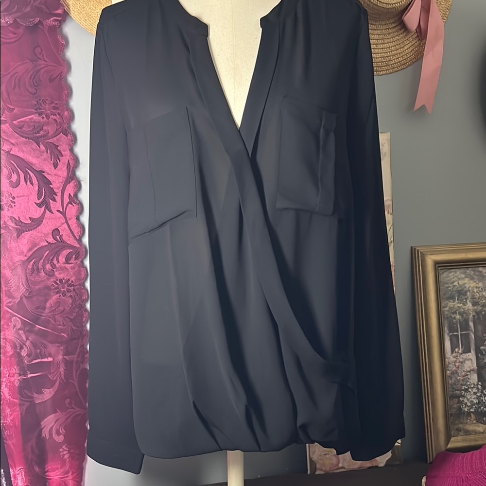 Candie's Black Wrap Blouse with Long Sleeves and Mandarin Collar